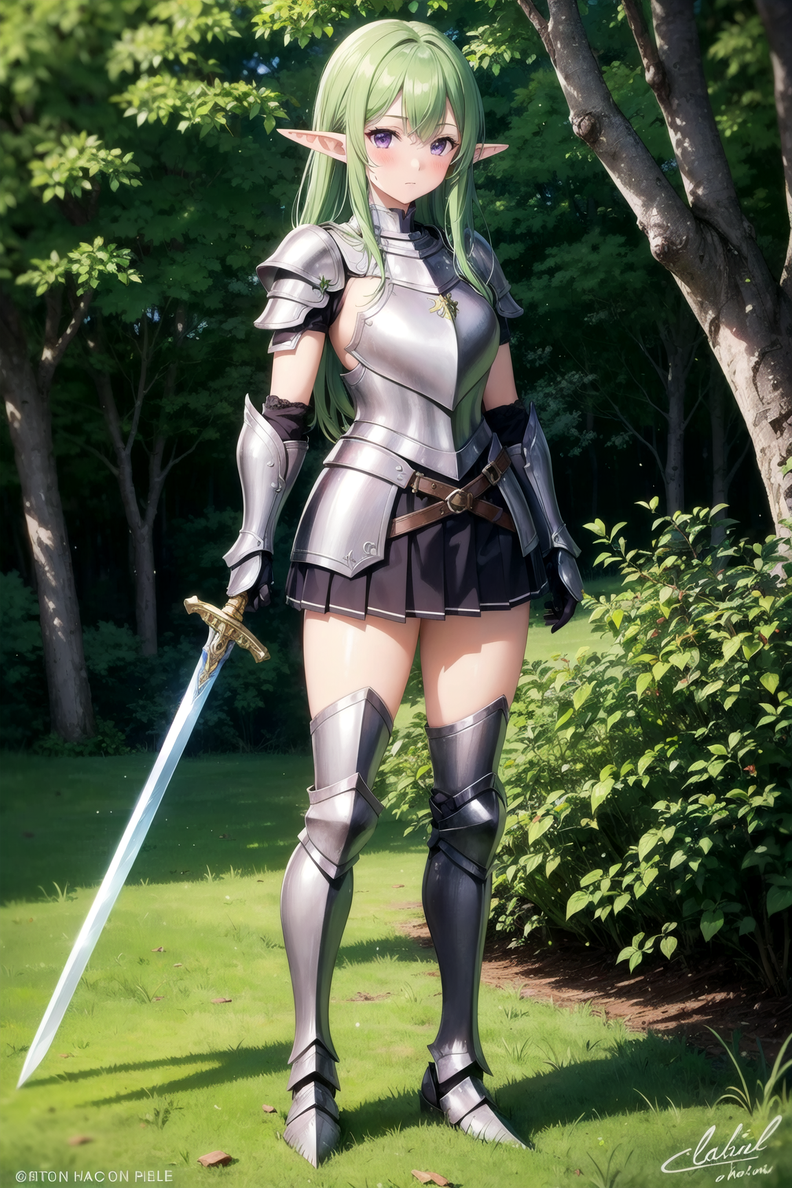 0001-964176268-1girl, elf, pointy ears, standing, forest, blush, purple eyes, green hair, full shot, full body, (plated armor_1.3), (sword_1.1).png
